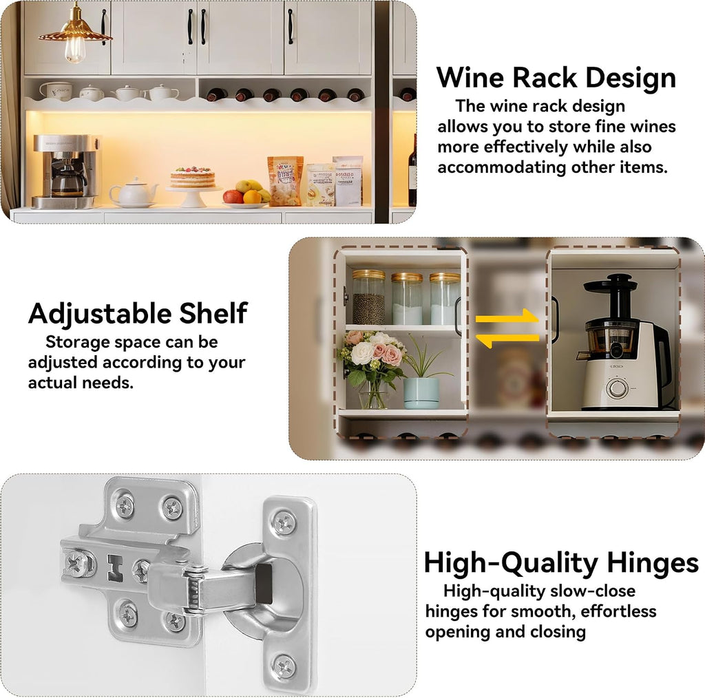 72' Tall Kitchen Pantry Cabinet with Charging Station 55' Wide Kitchen Hutch Cabinet with LED Light and Countertop Large Kitchen Pantry Storage Cabinet With Adjustable Shelves and Wine Rack