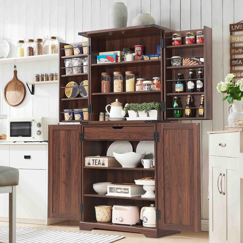 ACCOHOHO 72' Tall Kitchen Pantry, Farmhouse Storage Cabinet with Barn Doors, Organizer, Drawer and Adjustable Shelves, Rustic Wood Cupboard for Kitchen, Dining Room, Bathroom, Brown