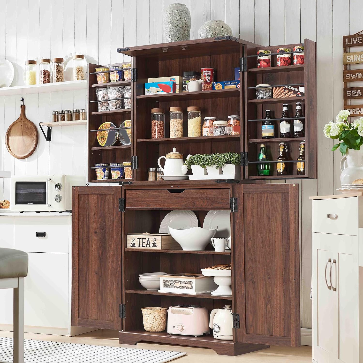 ACCOHOHO 72' Tall Kitchen Pantry, Farmhouse Storage Cabinet with Barn Doors, Organizer, Drawer and Adjustable Shelves, Rustic Wood Cupboard for Kitchen, Dining Room, Bathroom, Brown