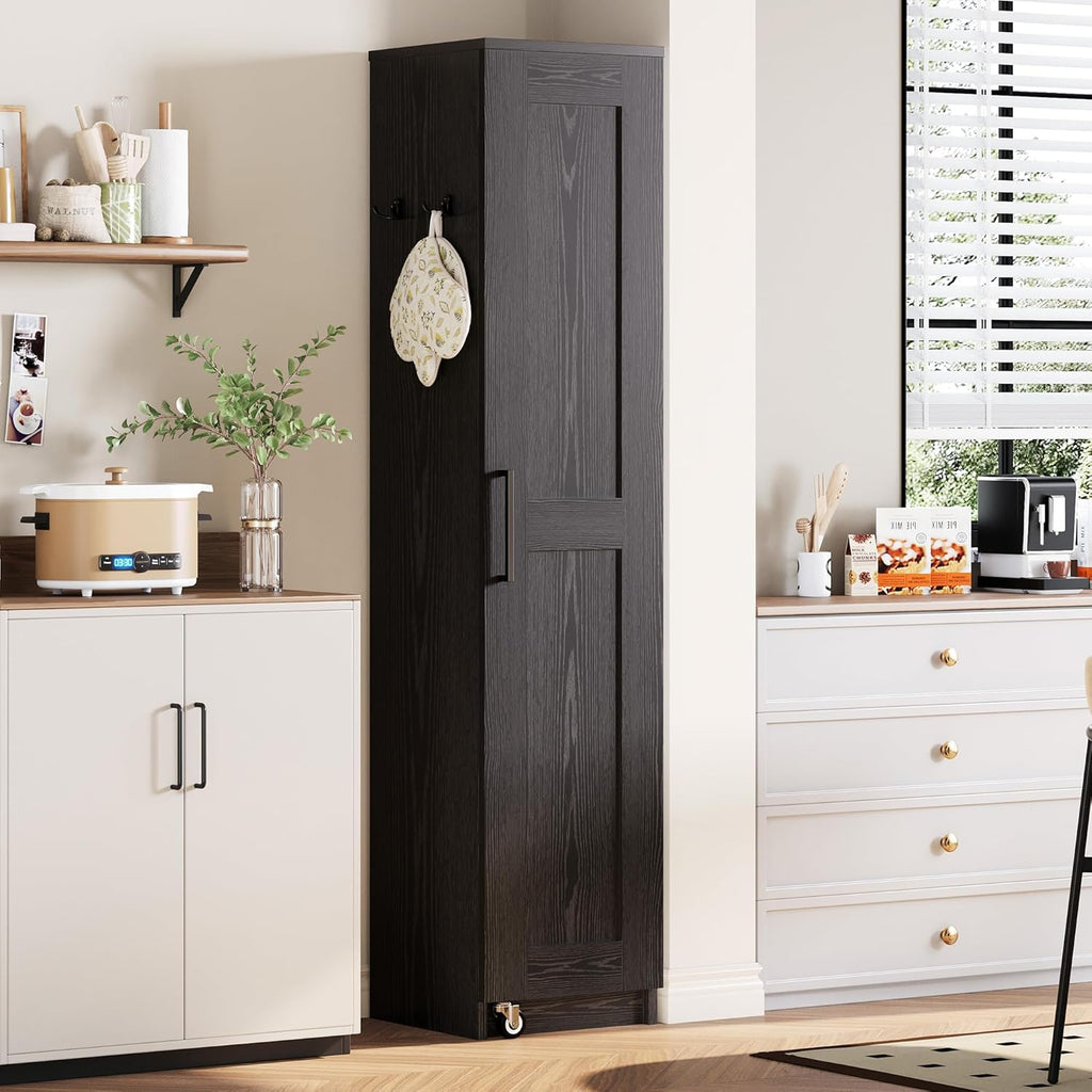 IRONCK Narrow Kitchen Pantry Storage Cabinet, 72' Slim Single Door with 6 Adjustable Shelves, Door Rack and Wheels, Space Saving Freestanding Storage Floor Cabinet for Small Place, Black