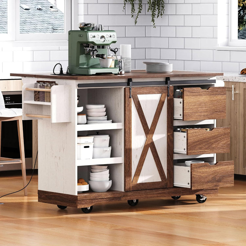 55.5' Farmhouse Kitchen Island with Drop Leaf, Kitchen Storage Island with Barn Door, Power Outlet, Rolling Kitchen Cart on Wheels with Spice Rack, for Home, Kitchen, Dining Room (White)