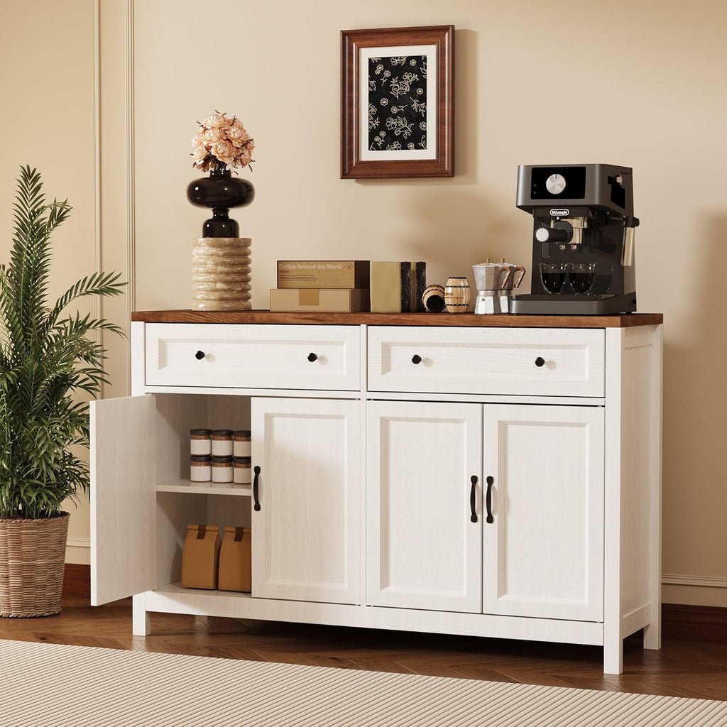 Gizoon Farmhouse Kitchen Sideboard Buffet Cabinet with Storage, Wood Coffee Bar and Storage Sideboard with Drawers and Doors for Kitchen, Dining Room, 15.7' D x 55.1' W x 35.3' H, White/Rustic Brown