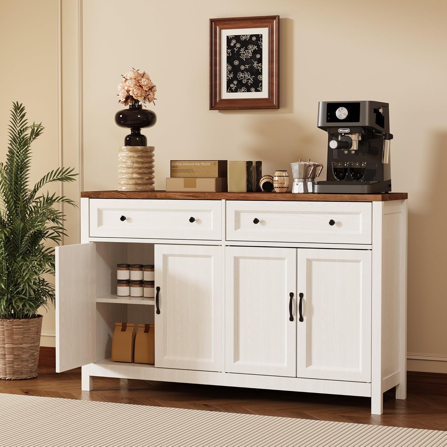 Gizoon Farmhouse Kitchen Sideboard Buffet Cabinet with Storage, Wood Coffee Bar and Storage Sideboard with Drawers and Doors for Kitchen, Dining Room, 15.7' D x 55.1' W x 35.3' H, White/Rustic Brown