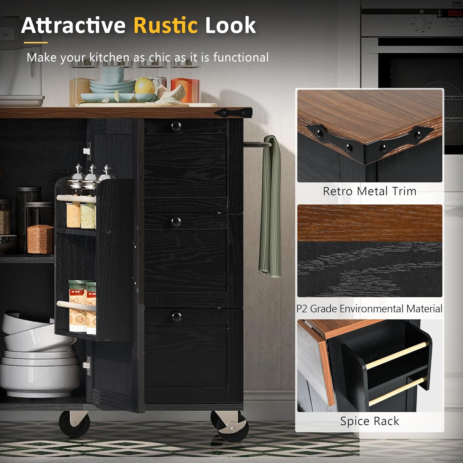 54.5' Farmhouse Kitchen Island with Power Outlet, Kitchen Storage Island with Internal Storage Rack, Drop Leaf, Spice Rack, Rolling Kitchen Cart on Wheels, for Home, Kitchen and Dining Room,Black