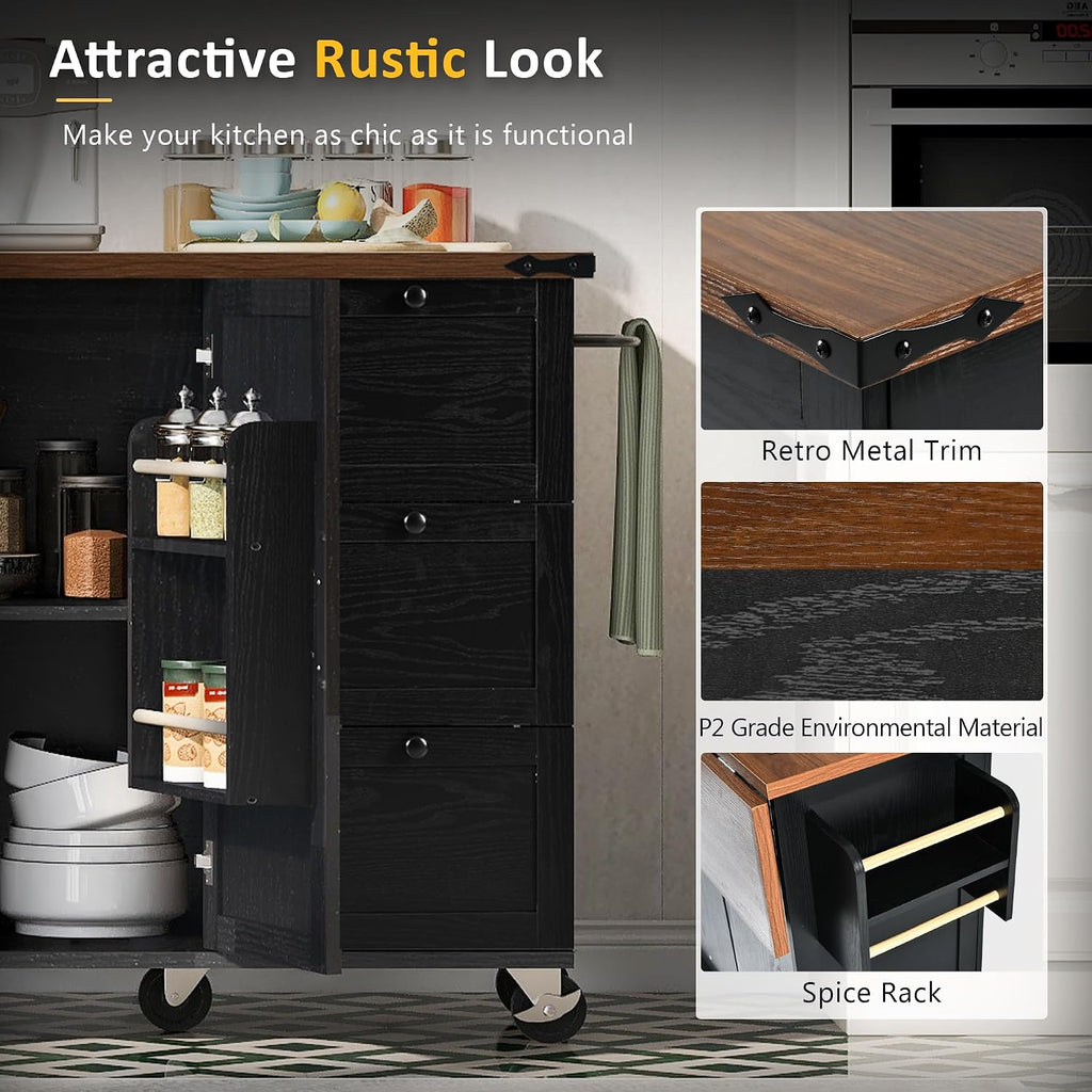 Farmhouse Kitchen Island with Power Outlet, Drop Leaf, Spice Rack and Drawer,Rolling Kitchen Cart on Wheels,Kitchen Storage Island for Home Dining Room (Black/p2)
