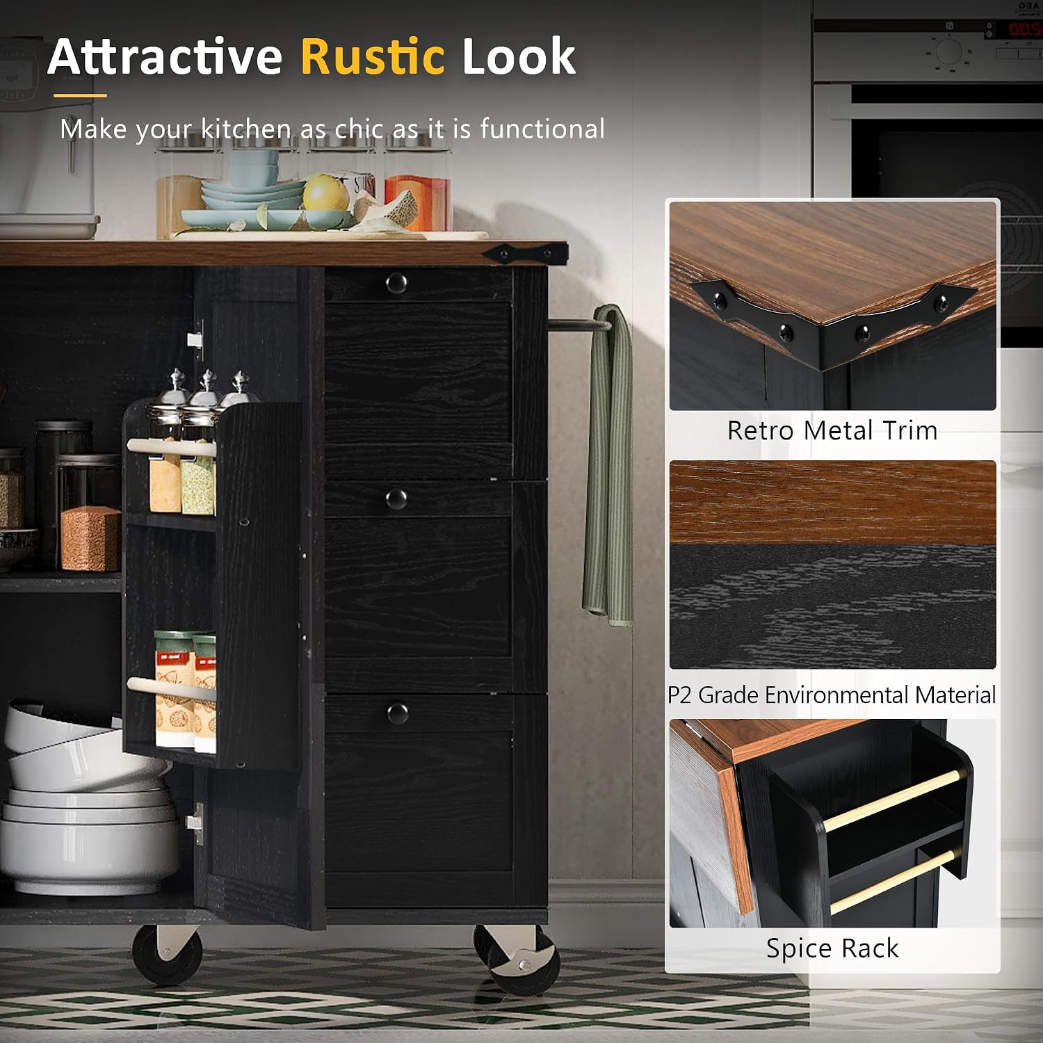 Farmhouse Kitchen Island with Power Outlet, Drop Leaf, Spice Rack and Drawer,Rolling Kitchen Cart on Wheels,Kitchen Storage Island for Home Dining Room (Black/p2)