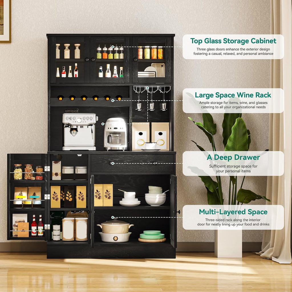 YITAHOME 71''H Kitchen Pantry Cabinet with Drawer, Doors, Goblet Holder, Wine Rack for Storage, Tall Cabinet with Power Outlet for Kitchen & Living Room (Black Oak)