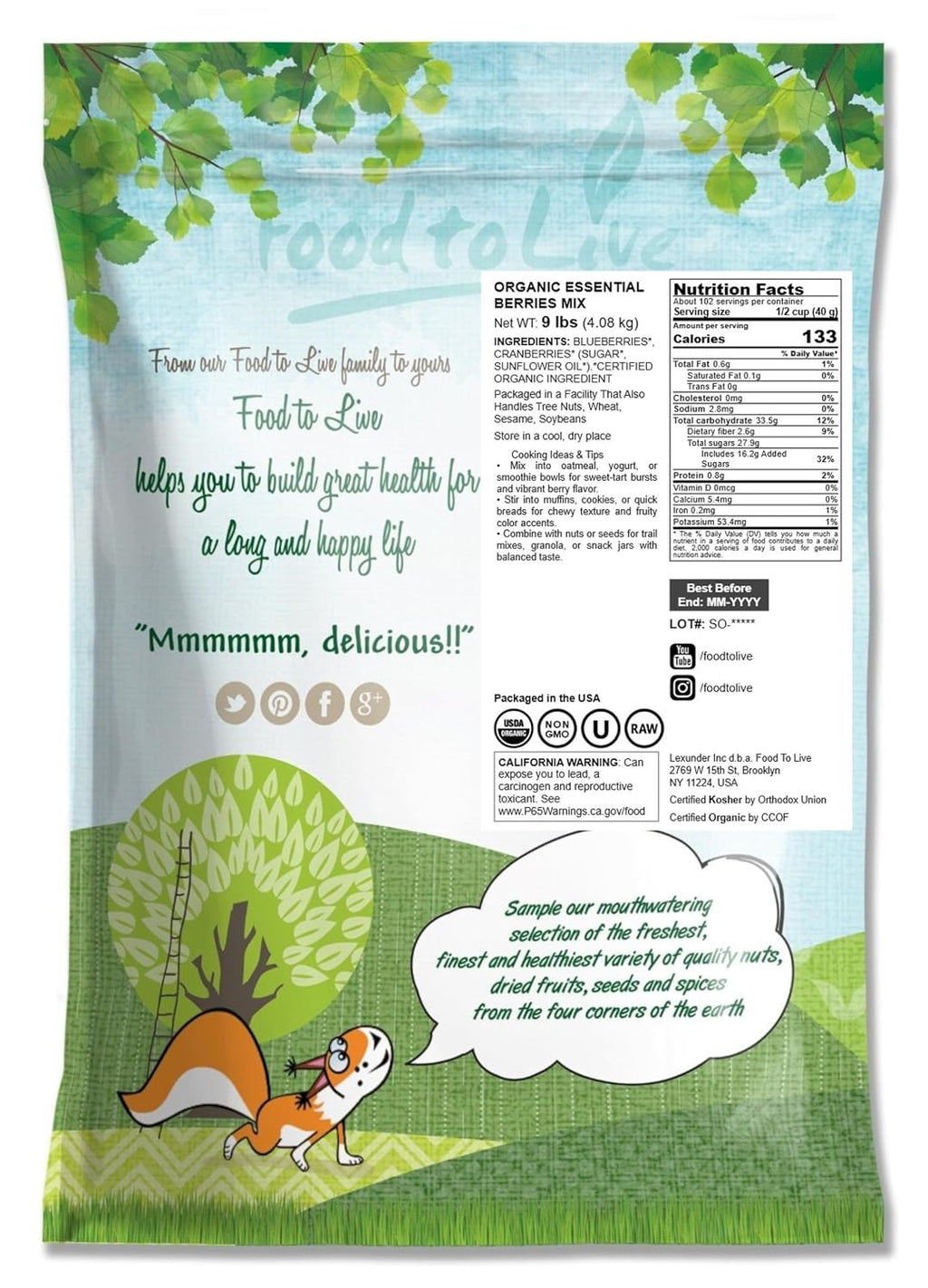 Food to Live Organic Essential Berries Mix, 9 Pounds, Non-GMO Dried Blueberries and Cranberries. Unsulfured, Kosher. Gently sweetened. Lightly Coated with Organic Sunflower Oil. Vegan, Bulk