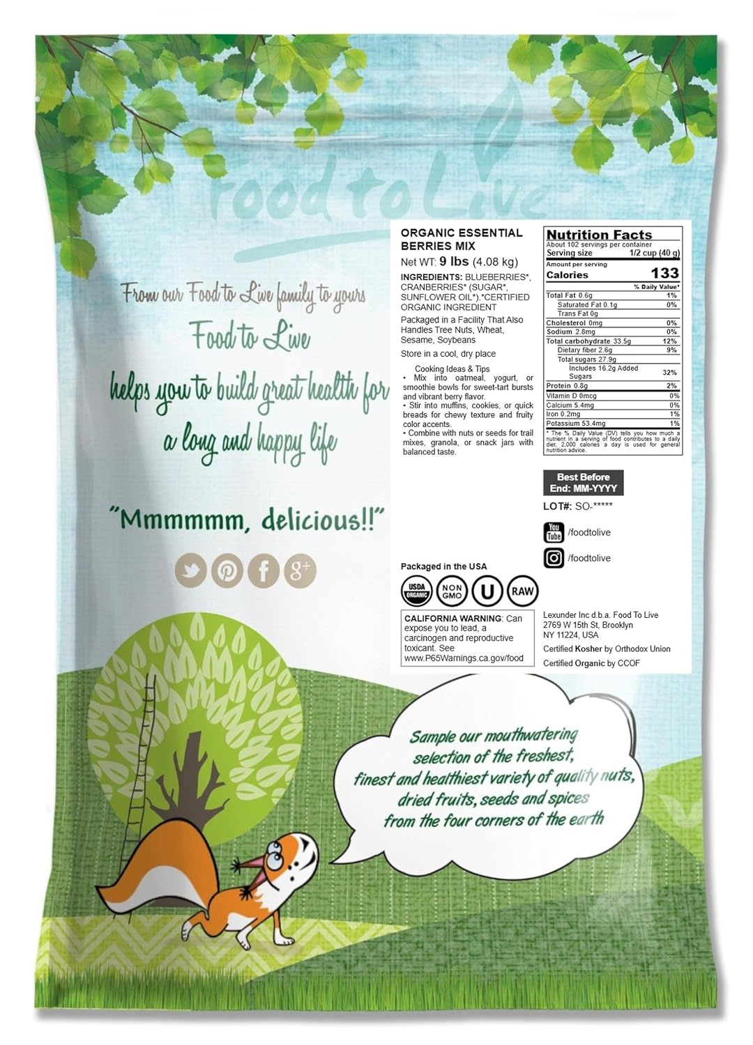 Food to Live Organic Essential Berries Mix, 9 Pounds, Non-GMO Dried Blueberries and Cranberries. Unsulfured, Kosher. Gently sweetened. Lightly Coated with Organic Sunflower Oil. Vegan, Bulk