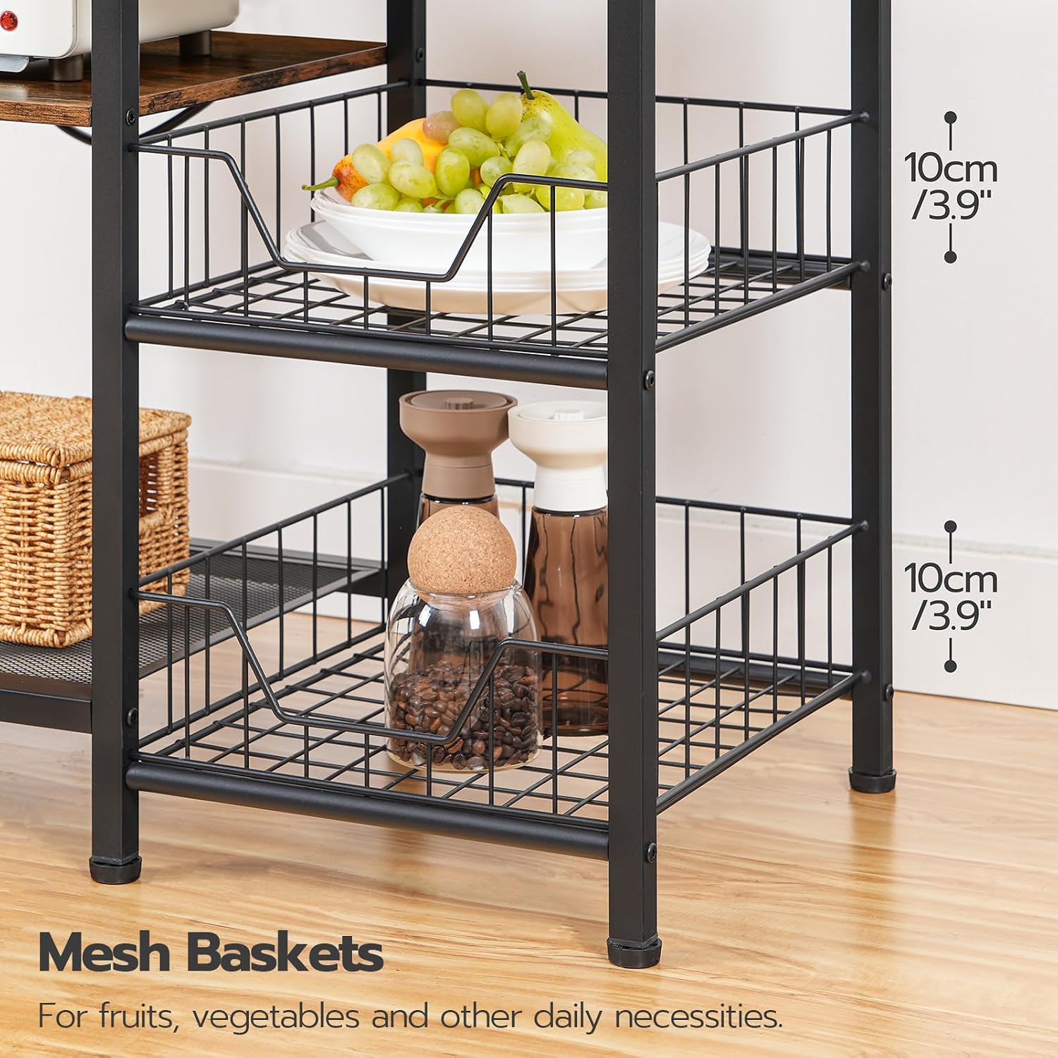 HOOBRO Bakers Rack with Power Outlet and Large Microwave stand with Power Outlets, 35.4 In Coffee Bar with Mesh Basket, Kitchen Shelf with Wire Basket, Rustic Brown and Black BF05HB01-BF64UHB01
