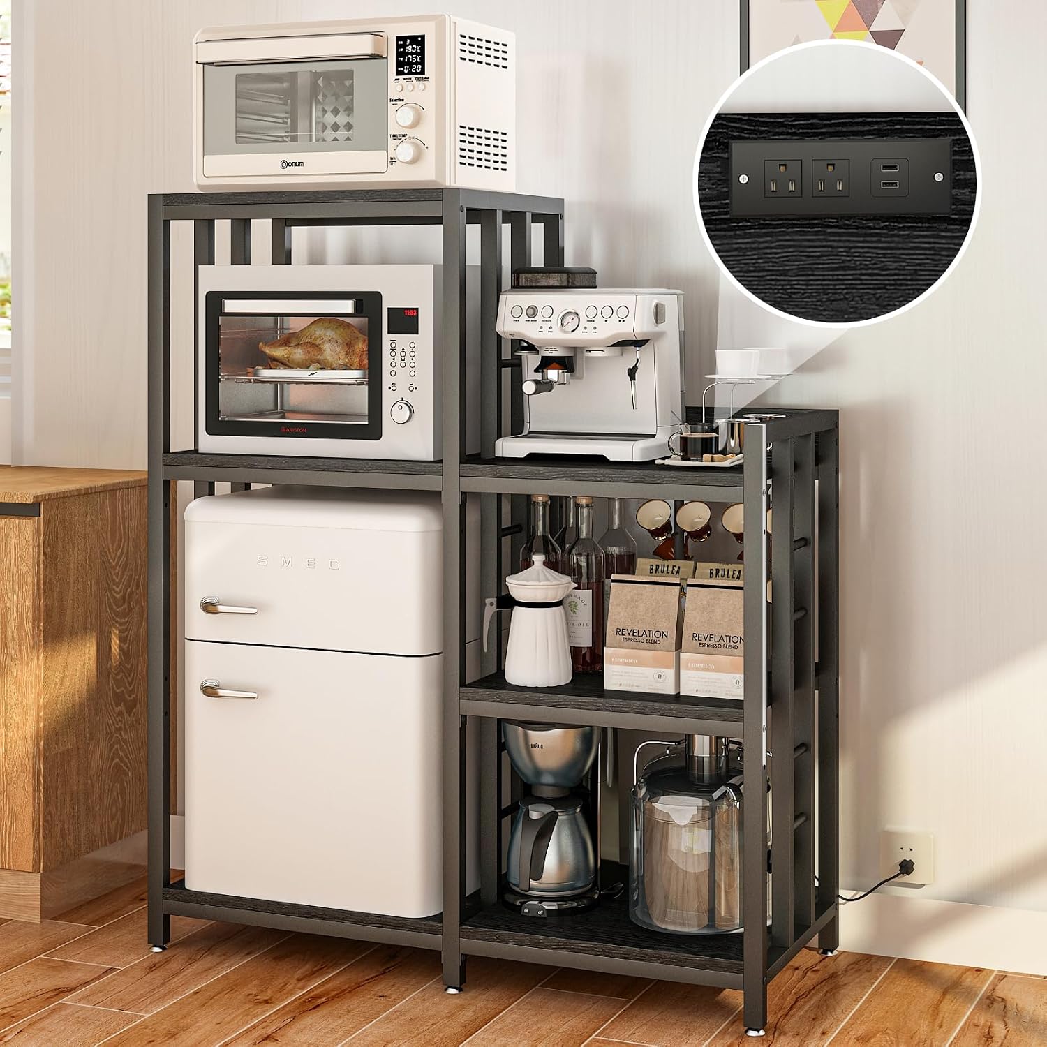 METYERRY 4-Piece Set Mini Fridge Stand with Power Outlet,Kitchen Bakers Rack with Storage,Mini Fridge and Microwave Stand,Coffee Bar, Free Standing Shelf for Kitchen, Home Office,Rustic Brown