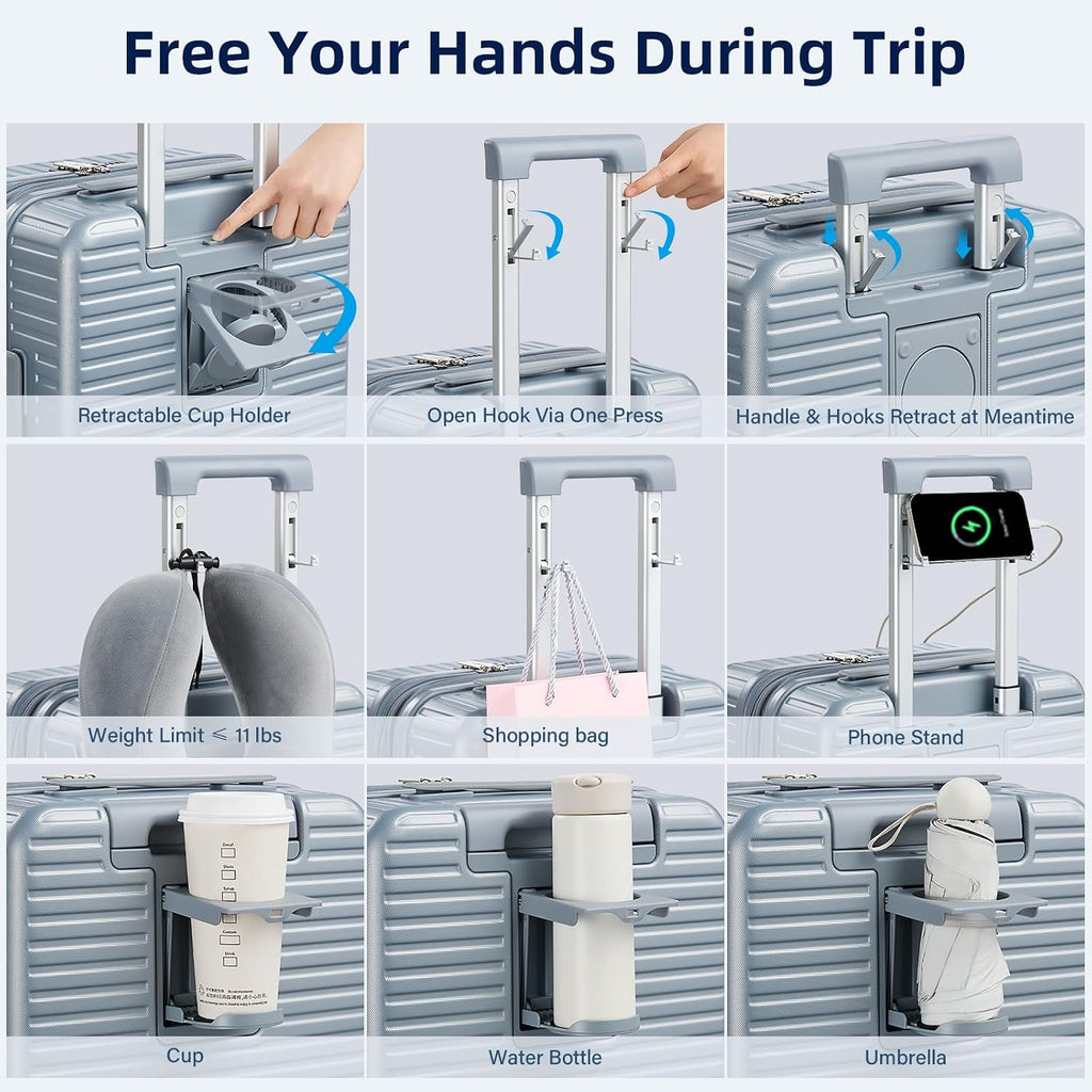 HanTrip Hard Shell Suitcases 24 Inch Check in Luggage with Spinner Wheels, Expandable Travel Luggage with Cup Holder Charger Built in, Checked Medium Suitcase Lightweight Suitcases, Silver
