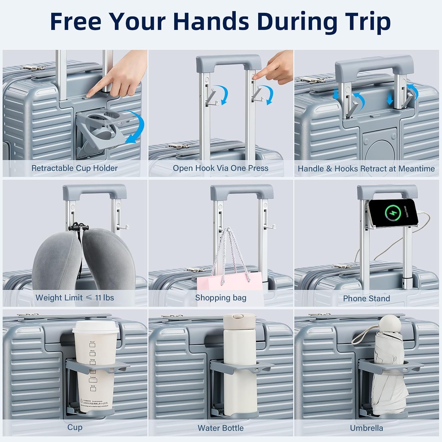 HanTrip Hard Shell Suitcases 24 Inch Check in Luggage with Spinner Wheels, Expandable Travel Luggage with Cup Holder Charger Built in, Checked Medium Suitcase Lightweight Suitcases, Silver