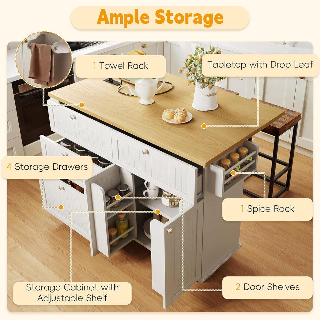 Farmhouse Kitchen Island with Drop Leaf and 2 Seatings, Kitchen Table Set with Storage Cabinet, Drawers, Door Shelves and Power Outlet, White+Rustic Brown