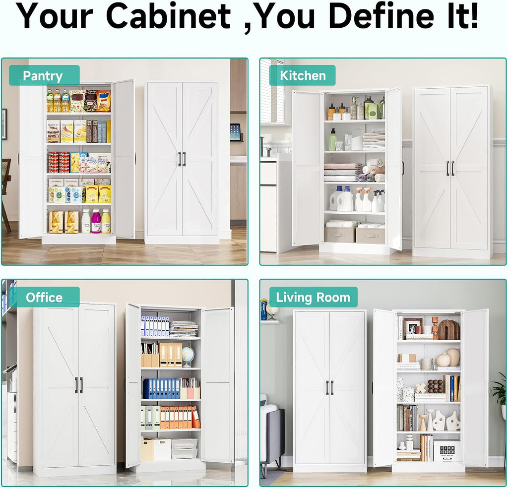 SISESOL 61' Tall Pantry Cabinet,Farmhouse Kitchen Pantry Storage Cabinets with 2 Doors and 5 Shelves,White Metal Storage Cabinet,Large Cupboard for Home,Kitchen,Dining/Living Room