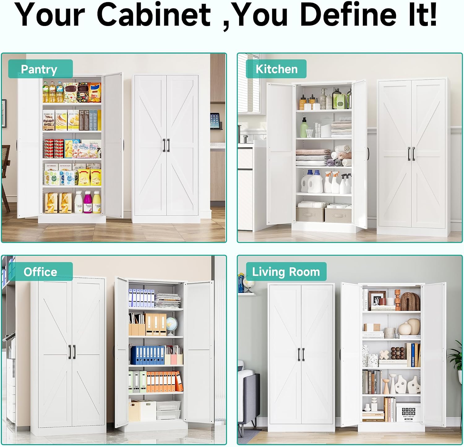 SISESOL 61' Tall Pantry Cabinet,Farmhouse Kitchen Pantry Storage Cabinets with 2 Doors and 5 Shelves,White Metal Storage Cabinet,Large Cupboard for Home,Kitchen,Dining/Living Room