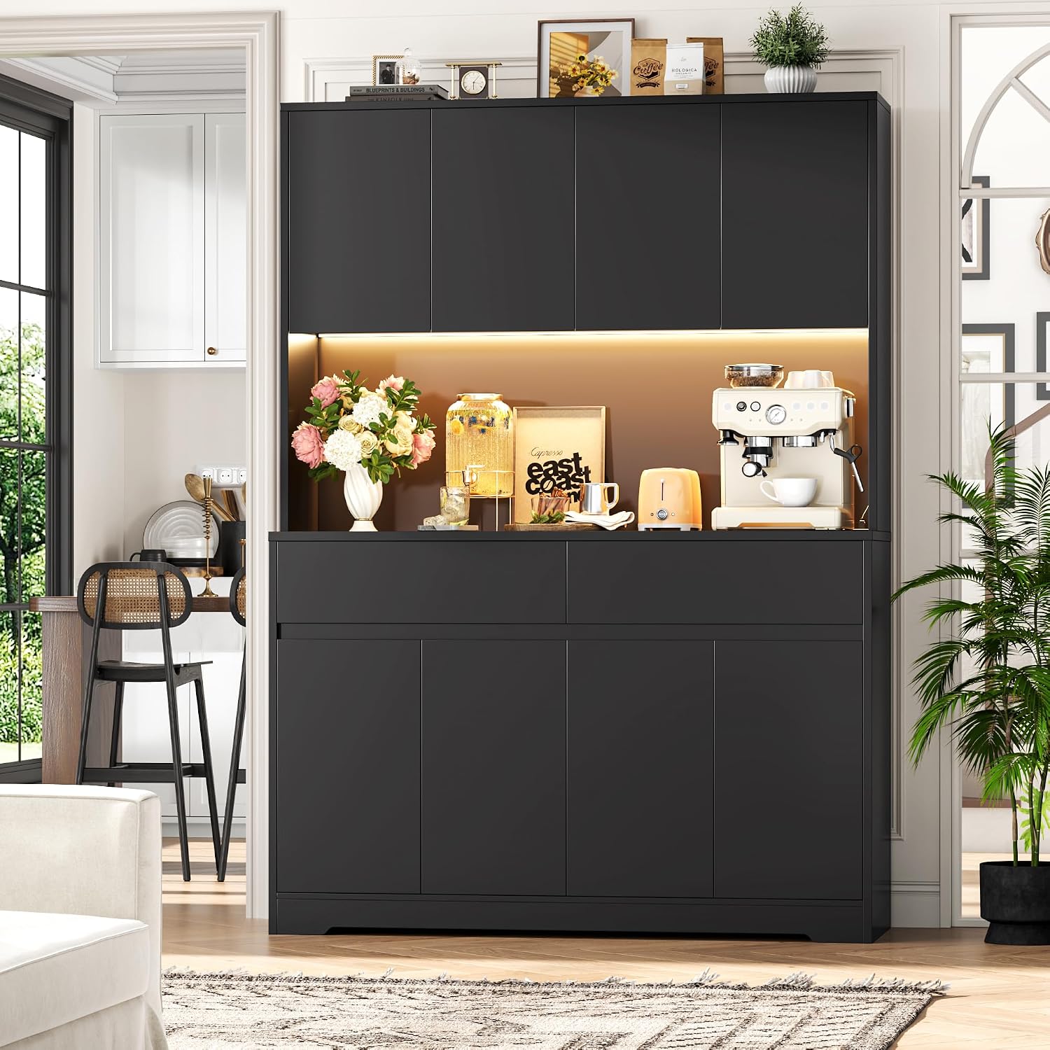 FINETONES 71' Tall Pantry Cabinet with LED Lights and Charging Station, 47.2' Wide Kitchen Pantry Storage Cabinet Kitchen Hutch with Microwave Stand, Tall Storage Cabinet for Living Room, Black