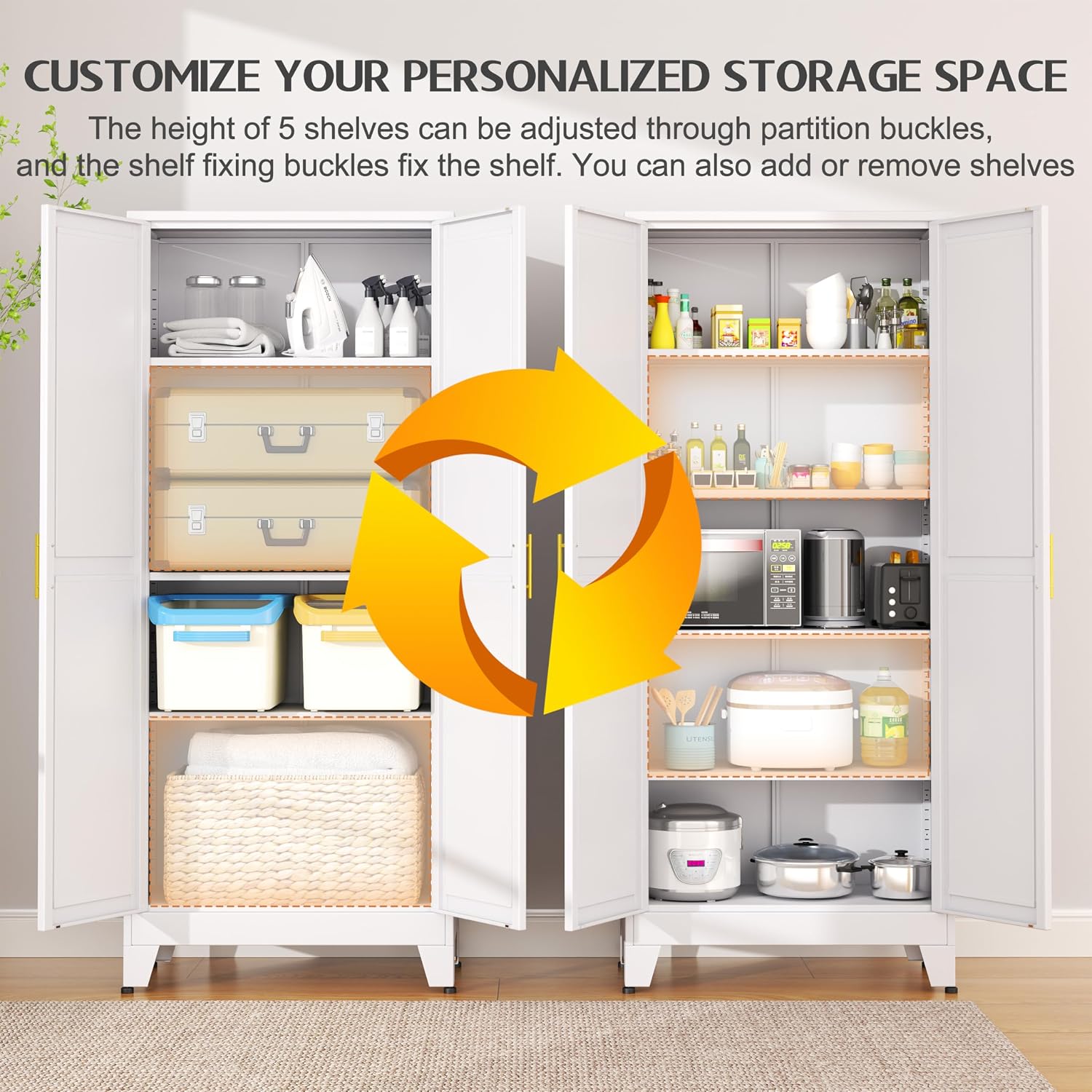 GAIOUS 75.2' Tall Metal Kitchen Pantry Storage Cabinets with 2 Door and 5 Adjustable Shelves, Cupboard for Kitchen, Dining Room, Living Room and Bathroom, White