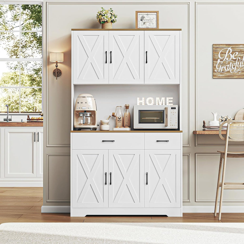 HOSTACK 71' Pantry Cabinet with Charging Station, Tall Kitchen Pantry Storage Cabinet with Microwave Stand, Farmhouse Kitchen Hutch with Storage Drawers for Living Room, Dining Room, White