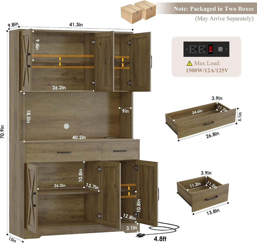 HOSTACK 71' Pantry Cabinet with Charging Station, Tall Kitchen Pantry Storage Cabinet with Microwave Stand, Farmhouse Kitchen Hutch with Storage Drawers for Living Room, Dining Room, Rustic Brown