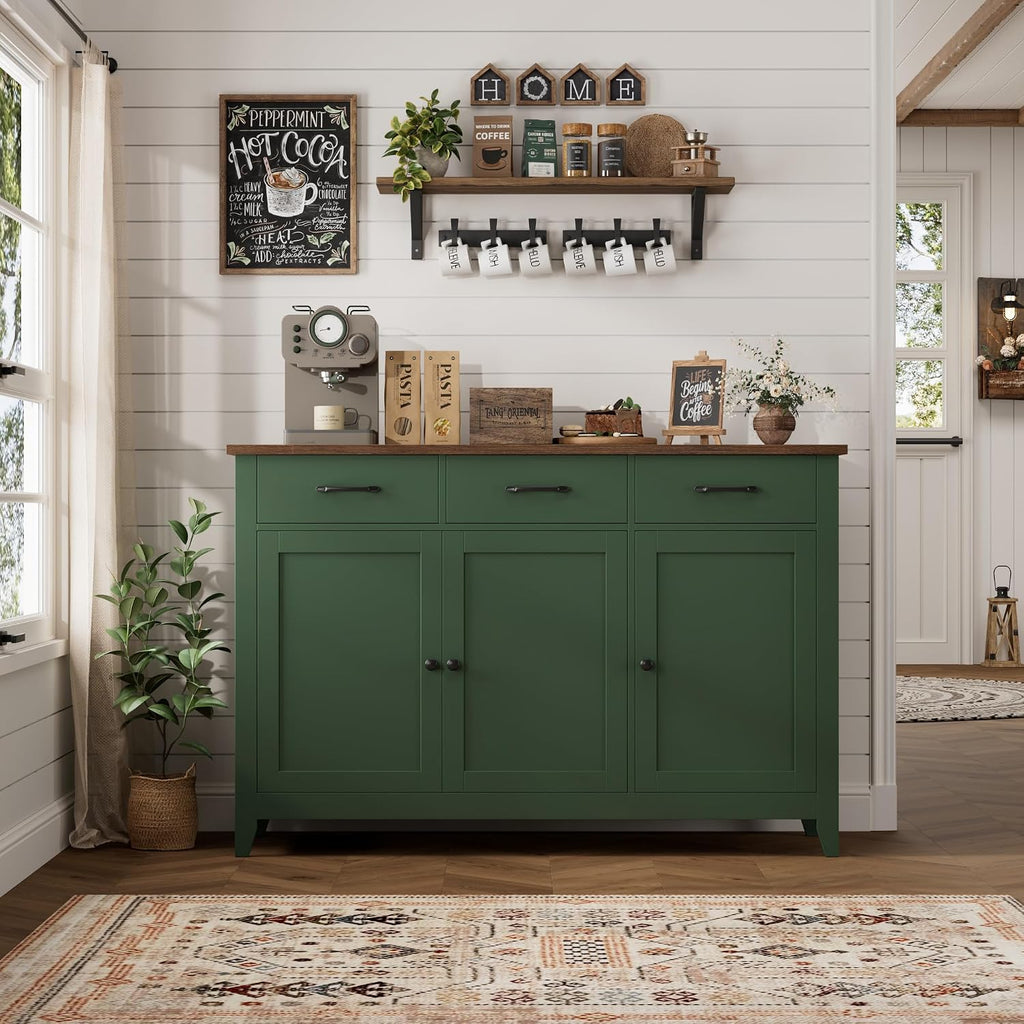 HORSTORS 47' Buffet Cabinet with Storage, Kitchen Buffet Table with Drawers, Modern Farmhouse Coffee Bar Storage Cabinet with Adjustable Shelf, Wood Sideboard for Dining Room, Kitchen, Entryway, Green
