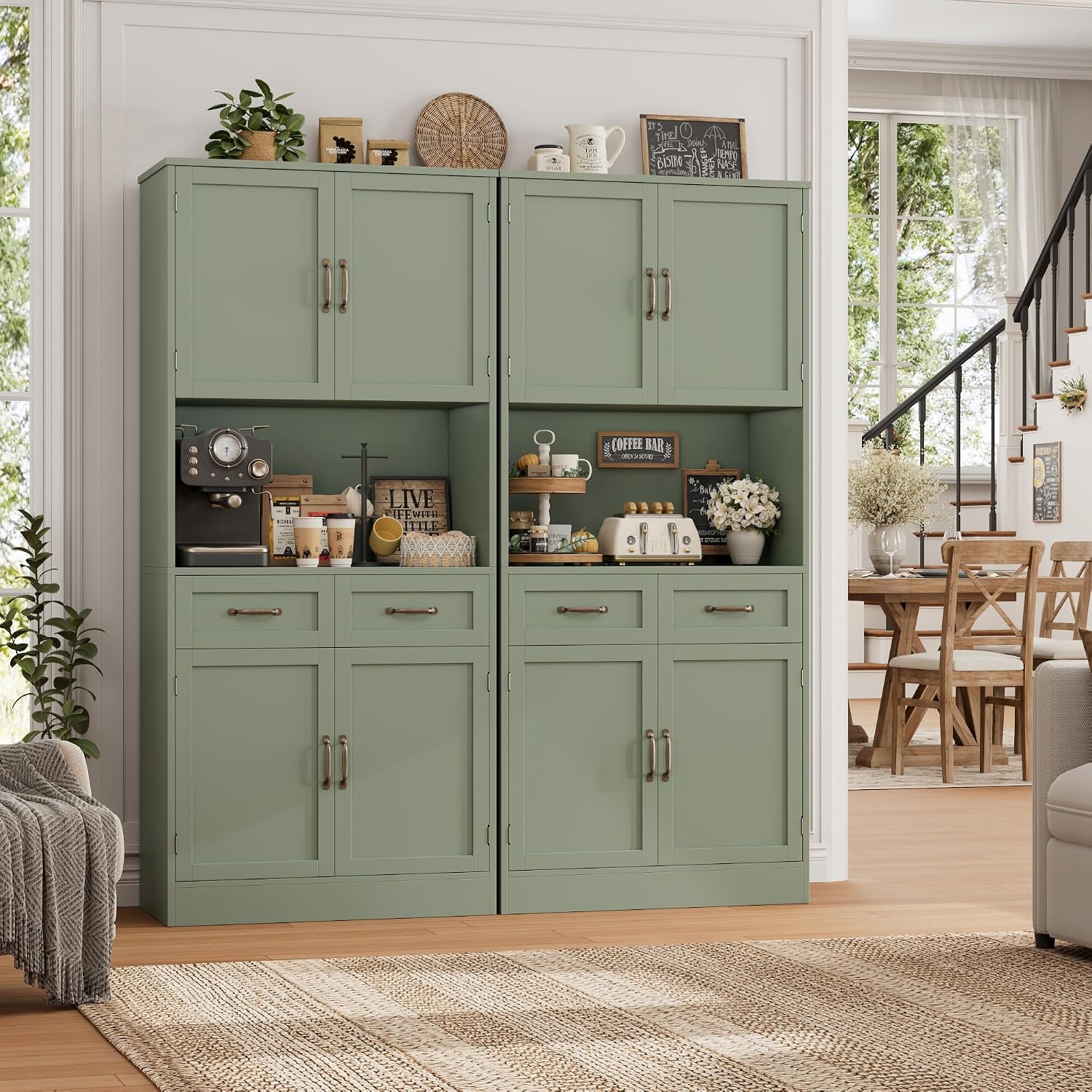 HOSTACK 71' Tall Kitchen Pantry Storage Cabinet, Modern Kitchen Hutch Bar Cabinet with Microwave Stand, Wood Buffet Sideboard with Hutch, Cupboard with Drawers, Shelves for Dining Room, Green
