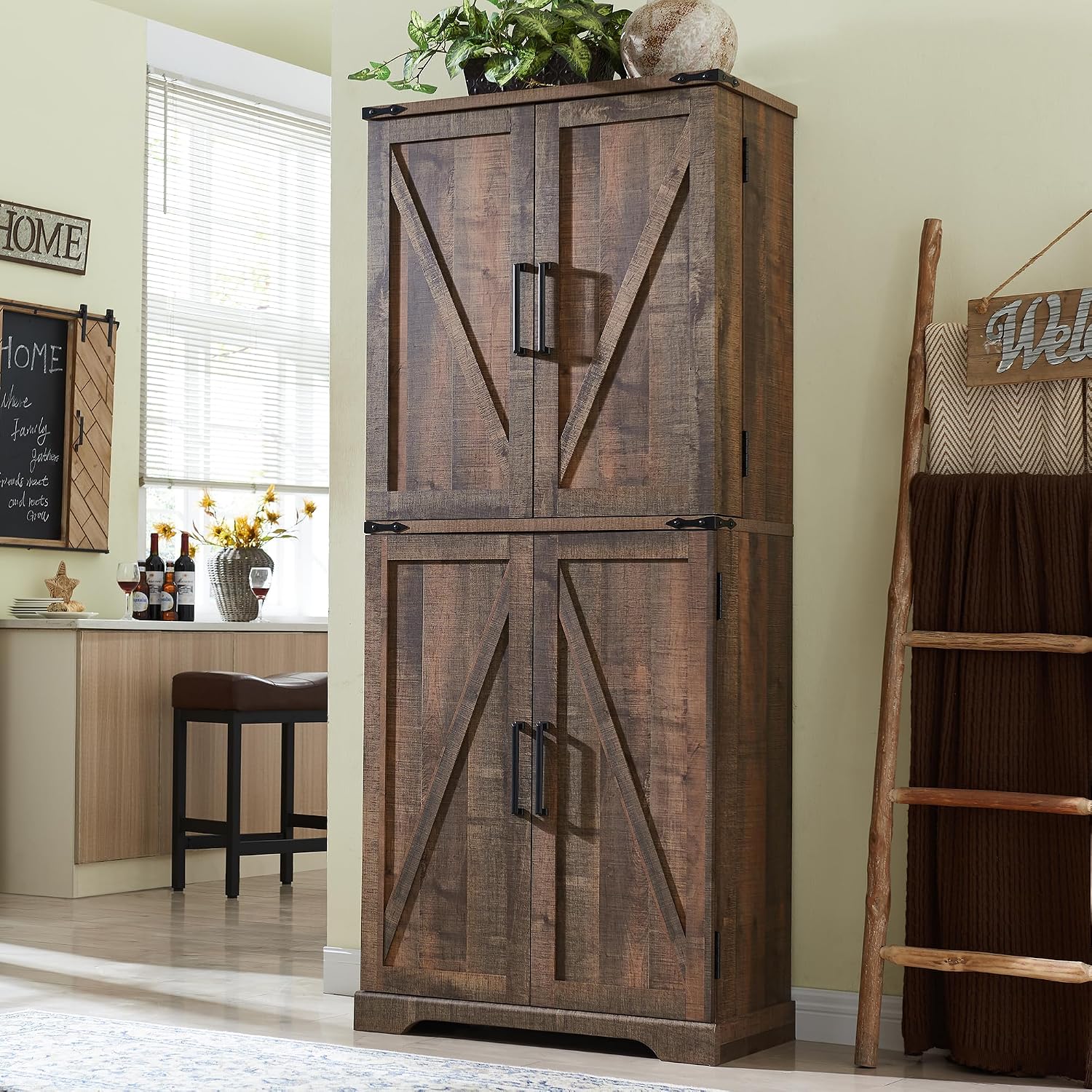 ACCOHOHO 72' Tall Kitchen Pantry, Farmhouse Storage Cabinet with Barn Doors, Organizer, Drawer and Adjustable Shelves, Rustic Wood Cupboard for Kitchen, Dining Room, Bathroom, Rustic Brown