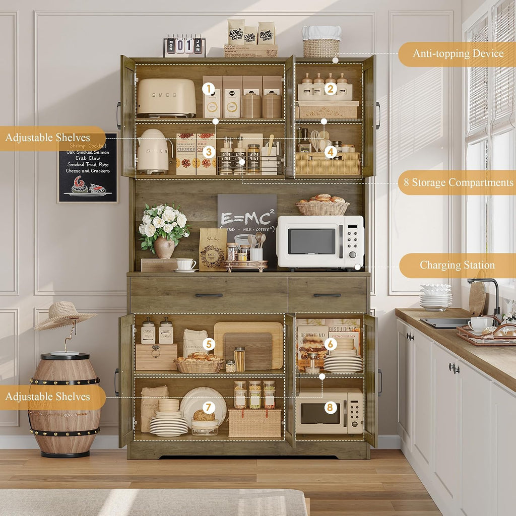 HOSTACK 71' Pantry Cabinet with Charging Station, Tall Kitchen Pantry Storage Cabinet with Microwave Stand, Farmhouse Kitchen Hutch with Storage Drawers for Living Room, Dining Room, Rustic Brown