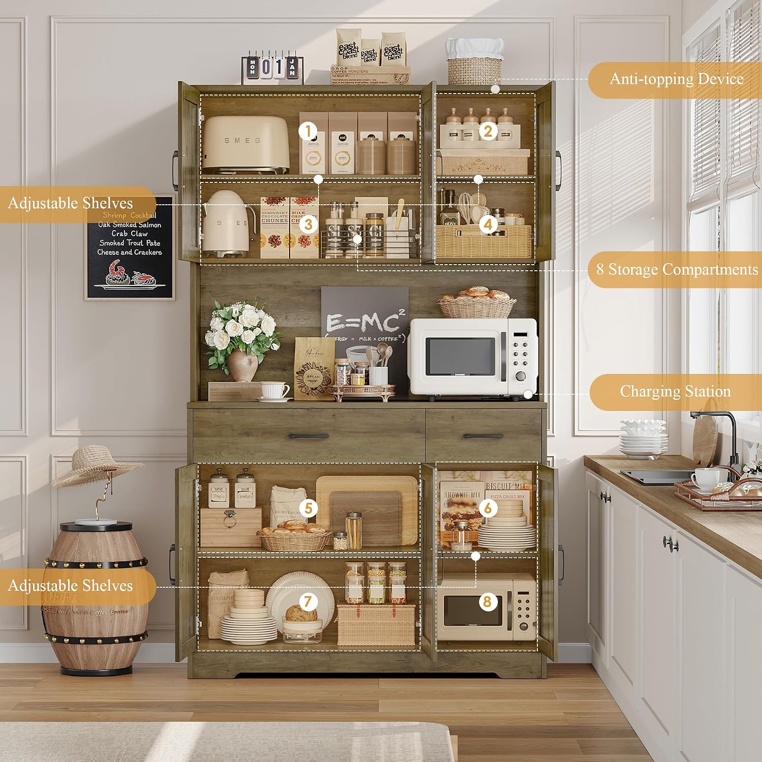 HOSTACK 71' Pantry Cabinet with Charging Station, Tall Kitchen Pantry Storage Cabinet with Microwave Stand, Farmhouse Kitchen Hutch with Storage Drawers for Living Room, Dining Room, Rustic Brown