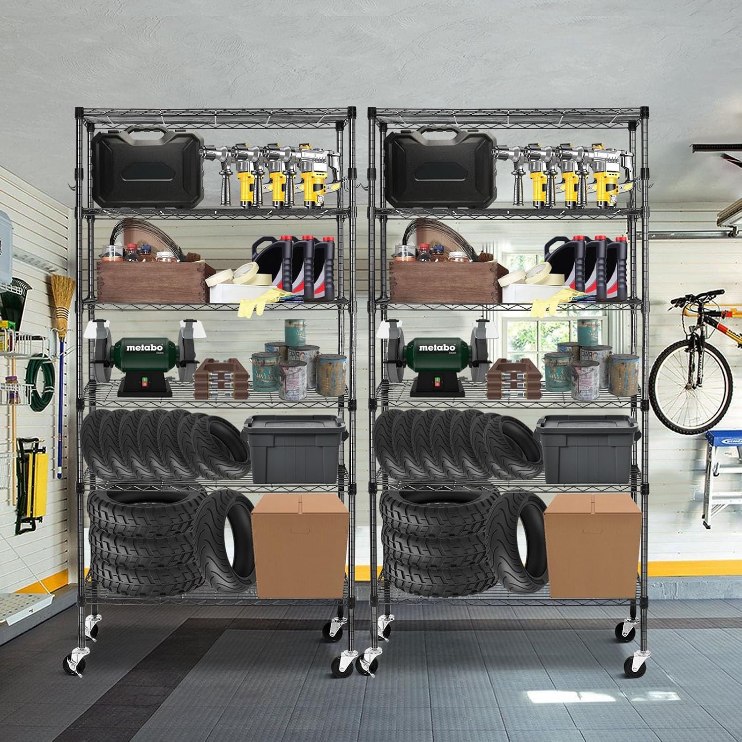 BolDuck 6 Tier Storage Shelves with Wheels, 2100lbs Capacity Heavy Duty Shelving Units, 14x36x75inch Adjustable Metal Shelf Wire Shelving Rack for Garage, Kitchen, Office, Black
