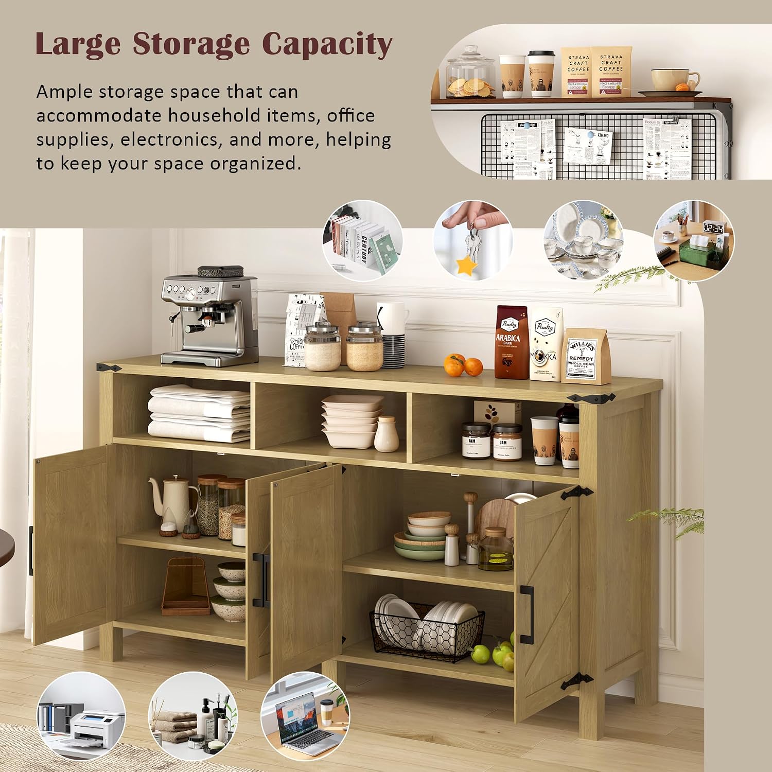 59' Modern Freestanding Storage Cabinet, Kitchen Storage Bakers Rack with Power Outlets, Utility Food Cupboard with Adjustable Shelves for Dining Room Living Room, Natural Wood