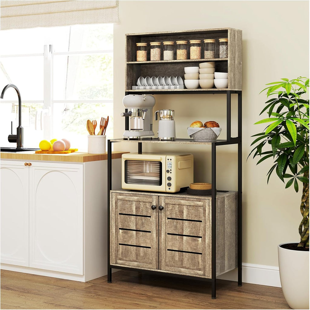 Bake Rack with Power Outlet, Kitchen Microwave Rack with Storage Space, Two Ac Outlets and Two U+B Ports, Rustic Brown (Gray)