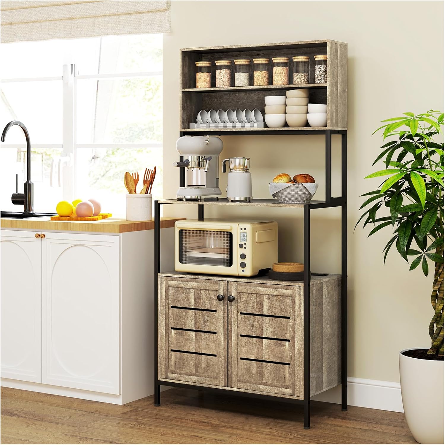 Bake Rack with Power Outlet, Kitchen Microwave Rack with Storage Space, Two Ac Outlets and Two U+B Ports, Rustic Brown (Gray)