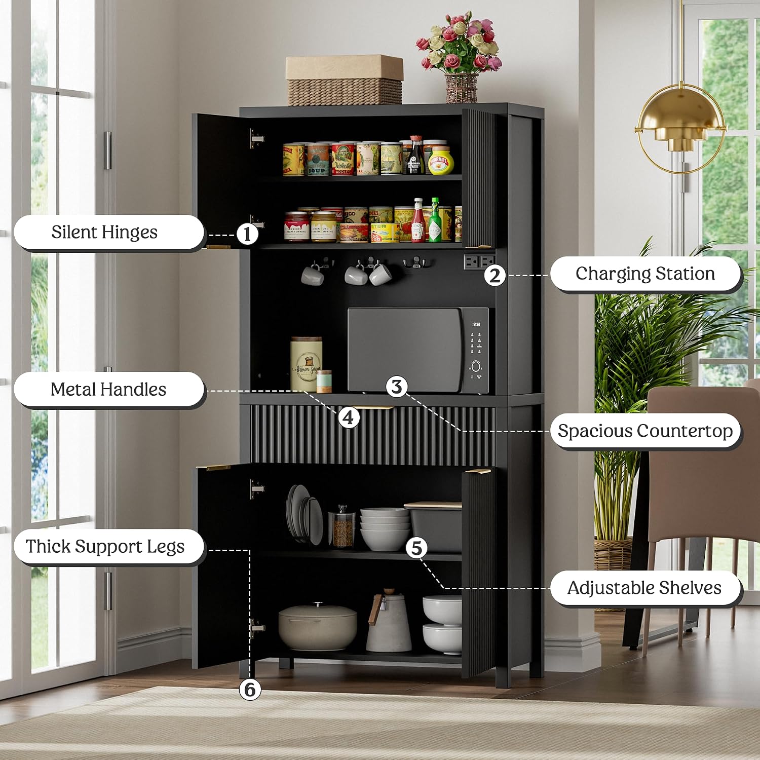 Lulive 71' Fluted Pantry Cabinet with Charging Station, Black | Adjustable Shelves, Open Countertop, Drawer, Spacious Kitchen Storage