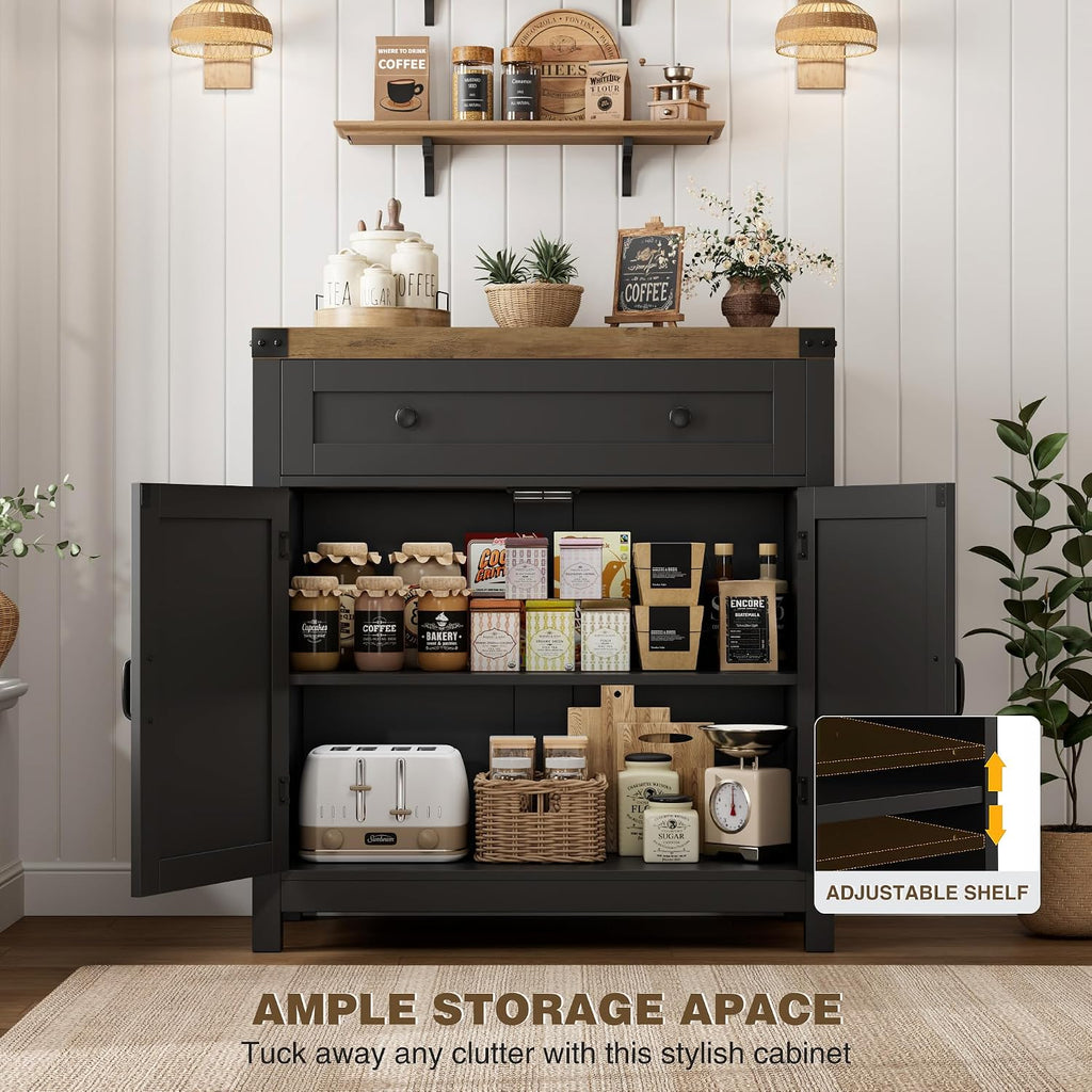 HOSTACK Coffee Bar Cabinet, Kitchen Storage Cabinet, Modern Farmhouse Buffet Sideboard with Drawer & Adjustable Shelf, Barn Door Accent Cabinets for Kitchen, Dining Room, Entryway, Black/Rustic Brown