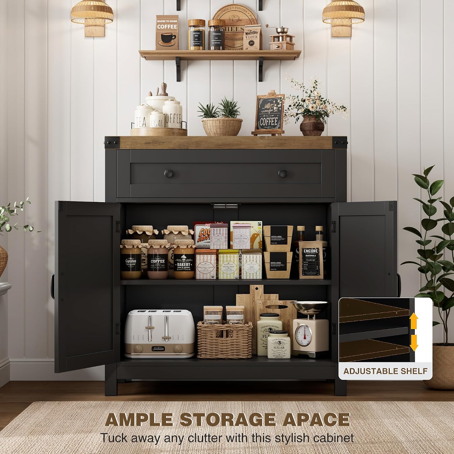 HOSTACK Coffee Bar Cabinet, Kitchen Storage Cabinet, Modern Farmhouse Buffet Sideboard with Drawer & Adjustable Shelf, Barn Door Accent Cabinets for Kitchen, Dining Room, Entryway, Black/Rustic Brown