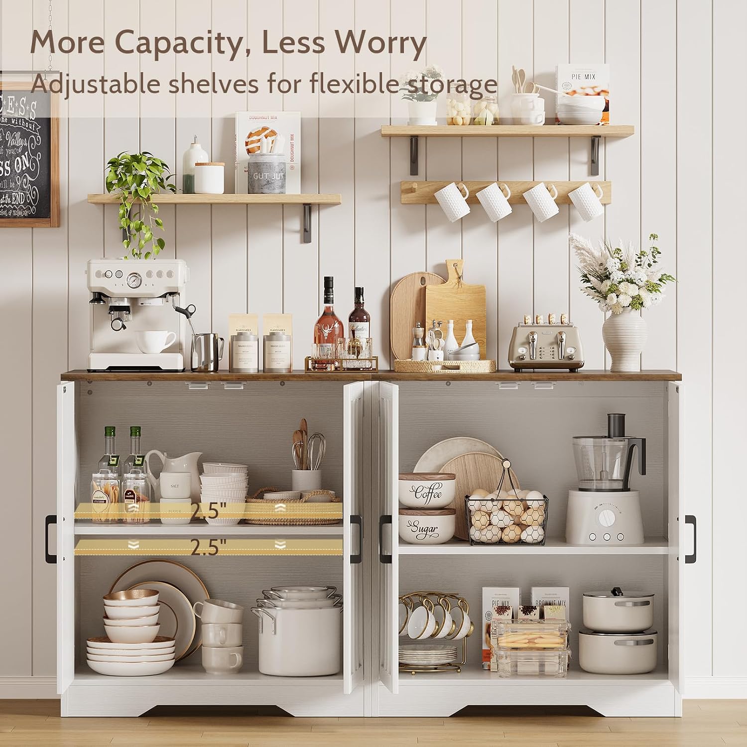 Sideboard Buffet Cabinet, Modern Farmhouse Kitchen Storage Cabinet, 63' Modular Accent Cabinet Coffee Station Bar Media Console Table Credenza for Kitchen Dining Room, Living Room Entryway Hallway