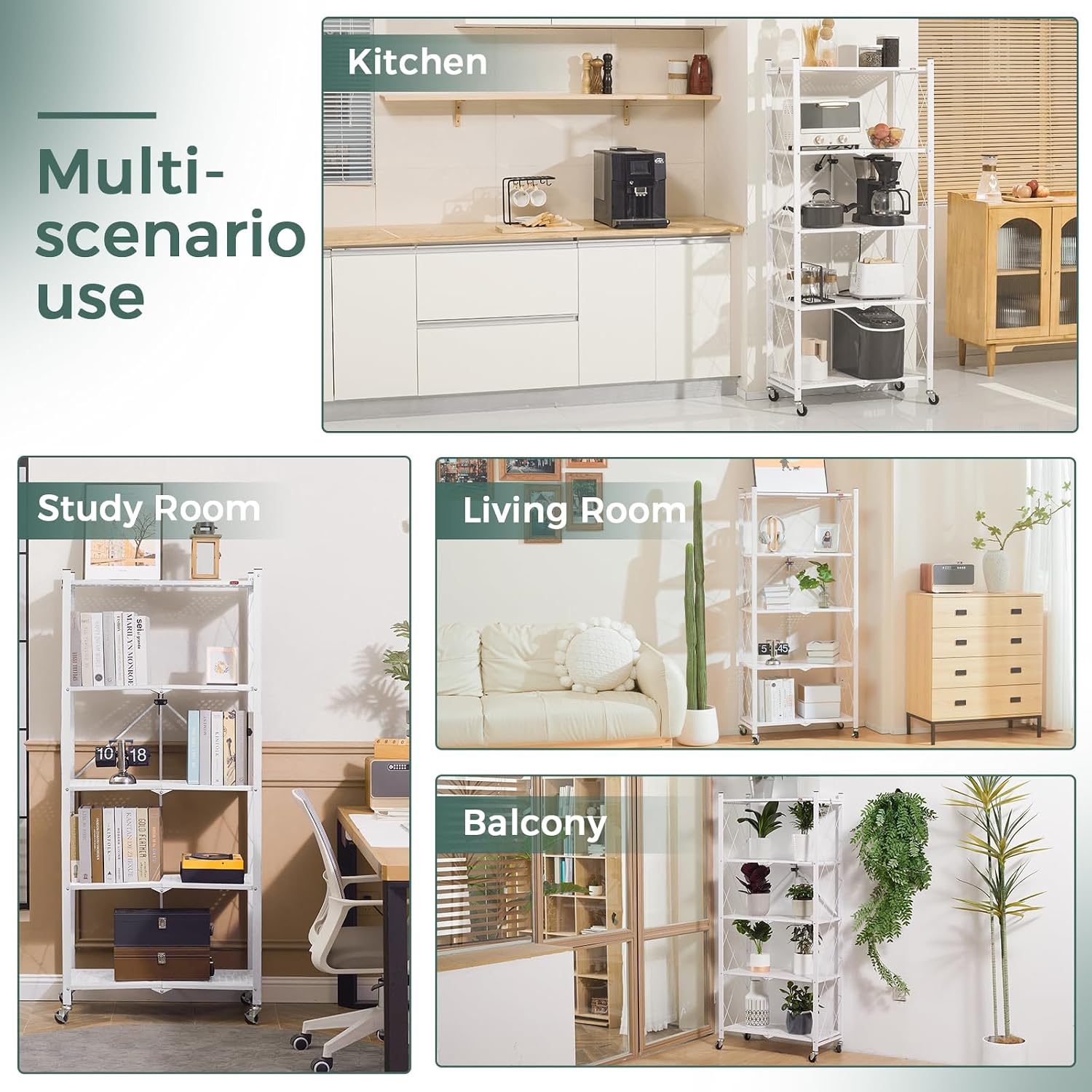 DEANIC 5 Tier Foldable Storage Shelves with Wheels, Large Capacity Shelving Unit, Freestanding Metal Wire Shelf Rack, No Assembly Organizer Rack for Garage Kitchen, Basement, Pantry(White Pack of 2)