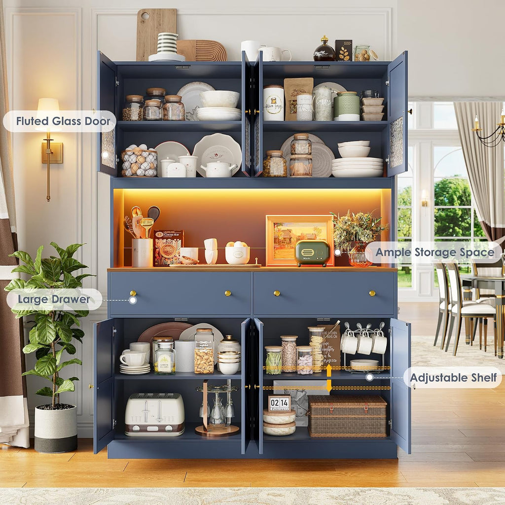 FINETONES 71' Pantry Cabinet with LED Light and Charging Station, Farmhouse Kitchen Pantry Cabinet with Microwave Stand, 47.2' Wide Kitchen Hutch Food Pantry with Open Countertop, Blue