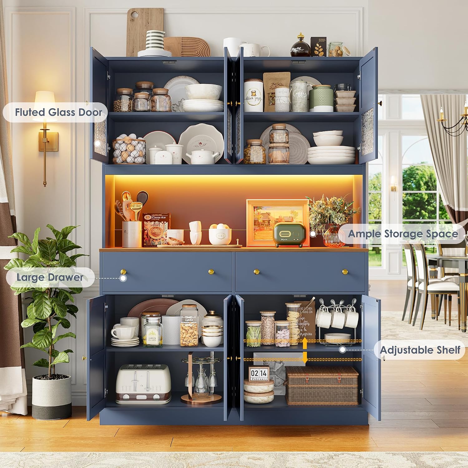 FINETONES 71' Pantry Cabinet with LED Light and Charging Station, Farmhouse Kitchen Pantry Cabinet with Microwave Stand, 47.2' Wide Kitchen Hutch Food Pantry with Open Countertop, Blue