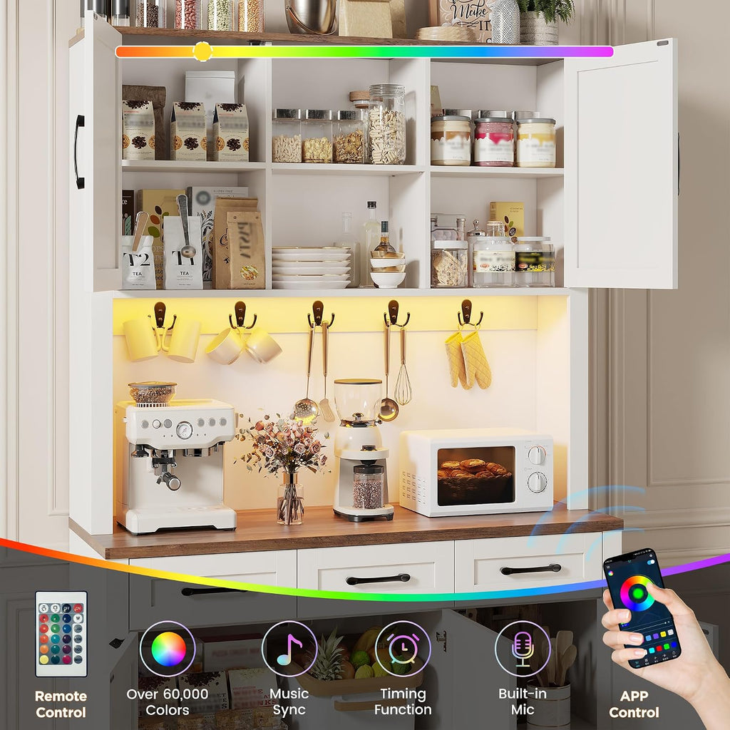 70.9' Tall Kitchen Pantry Cabinet with LED Light & Charging Station, Farmhouse Kitchen Hutch with Large Countertop & 10 Hooks, Kitchen Cabinet Storage with Drawers for Living Room, Dining Room, White