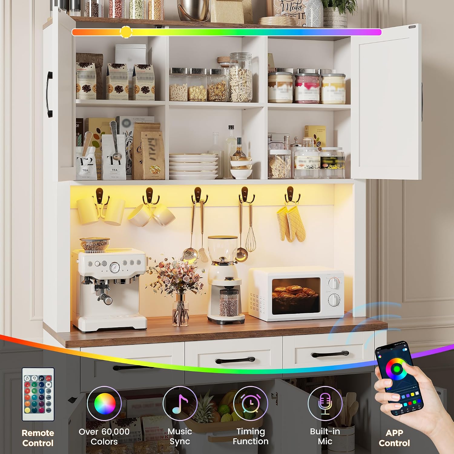 70.9' Tall Kitchen Pantry Cabinet with LED Light & Charging Station, Farmhouse Kitchen Hutch with Large Countertop & 10 Hooks, Kitchen Cabinet Storage with Drawers for Living Room, Dining Room, White