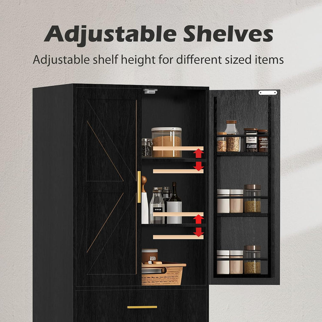 71' Tall Kitchen Pantry Storage Cabinet with 4 Doors & Drawer, Adjustable Shelves, Farmhouse Cupboard, Freestanding Cabinet with Door Shelves for Dining Room/Living Space, Black