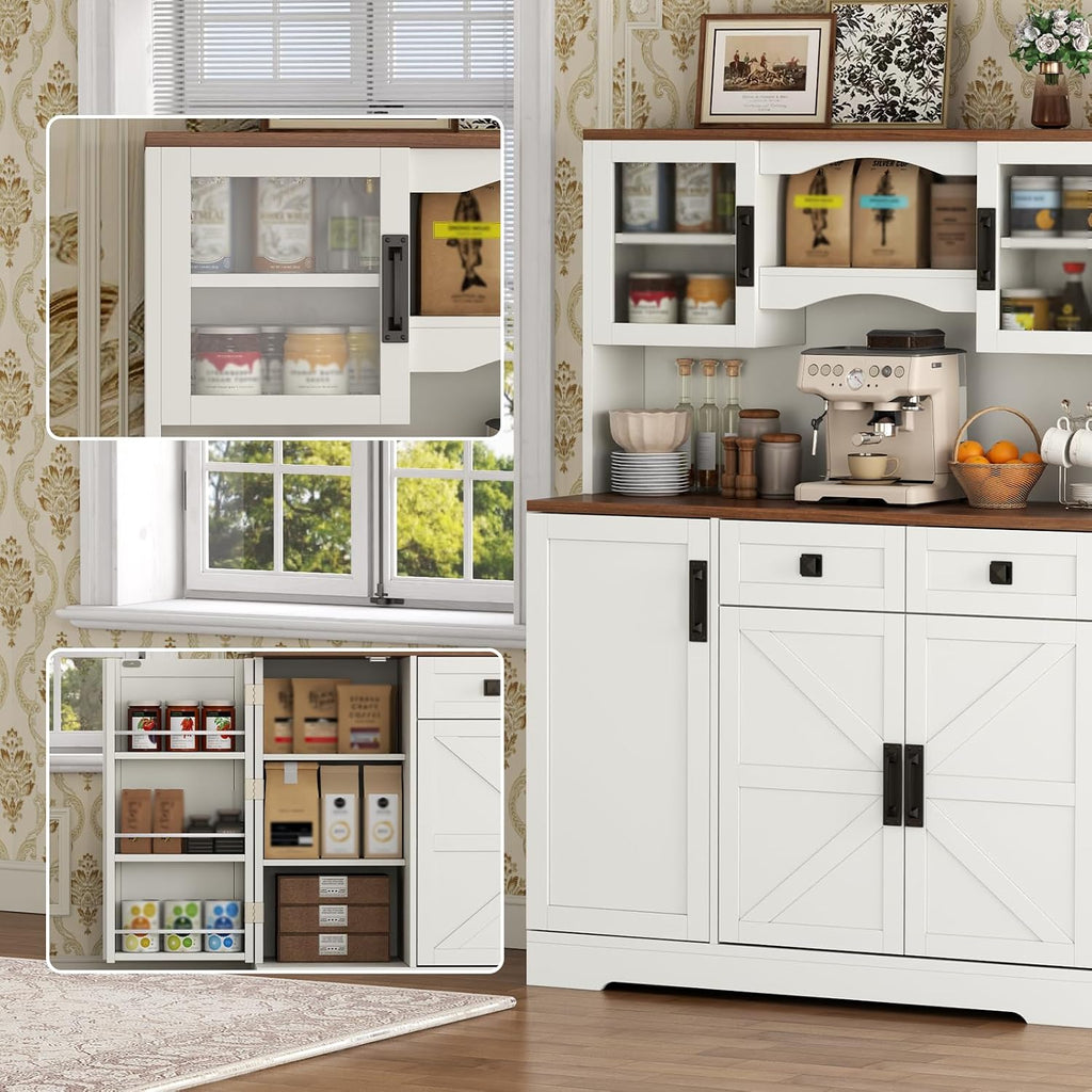 Gyfimoie 60' Tall Farmhouse Kitchen Pantry Storage Cabinet,Kitchen Hutch with Microwave Stand,Freestanding Buffet Pantry Cabinet with Glass Door and Adjustable Shelves for Dining Room (White)
