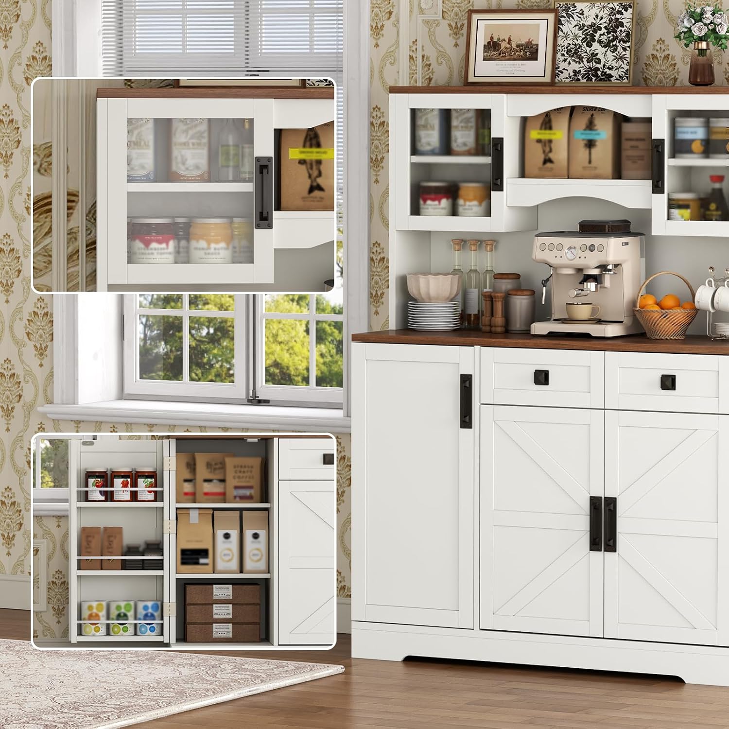 Gyfimoie 60' Tall Farmhouse Kitchen Pantry Storage Cabinet,Kitchen Hutch with Microwave Stand,Freestanding Buffet Pantry Cabinet with Glass Door and Adjustable Shelves for Dining Room (White)