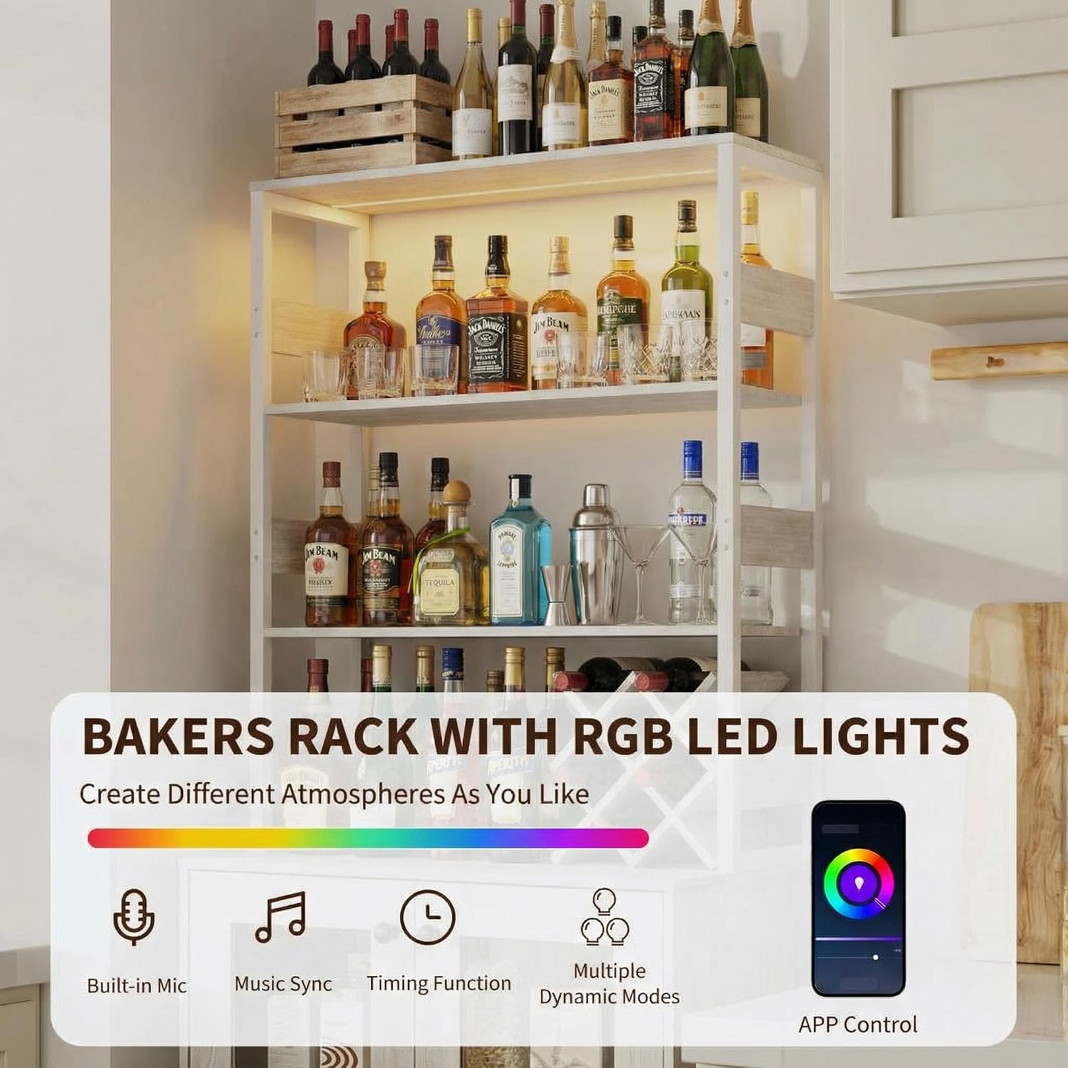66.9' Bar Cabinet with Power Outlets & LED Lights, Pantry Cabinet with Glass Doors, Kitchen Bakers Rack, Microwave Stand Bakers Rack Cabinet for Dining Room, Living Room, Hallway