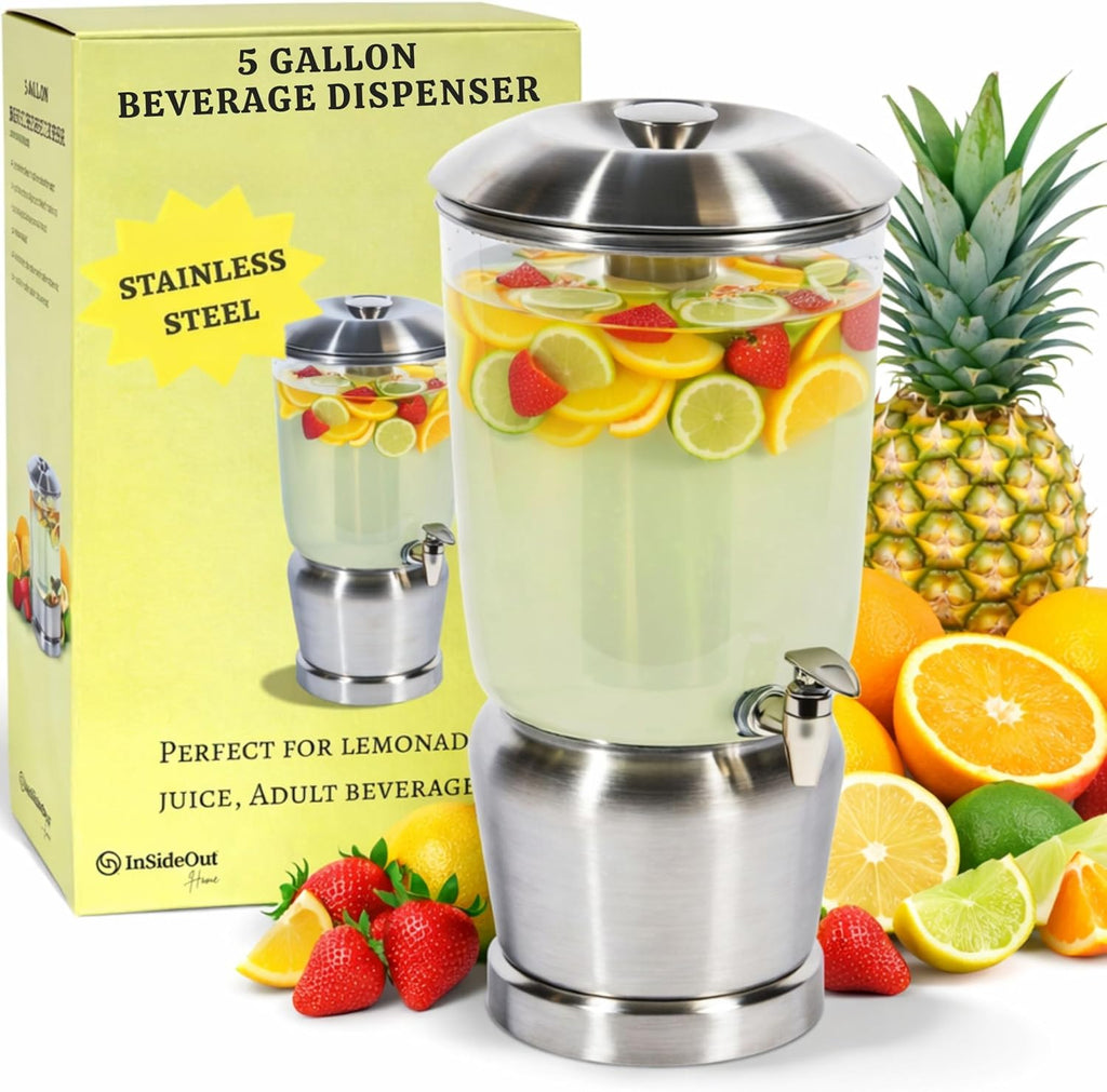 Drink Dispenser with Ice Chambers, Lemonade Tea Water Dispenser with Spigot, Stainless Steel Beverage Jar Jug, Perfect for Home Parties, Weddings, Gifts & Events (Silver, 5, Gallons)