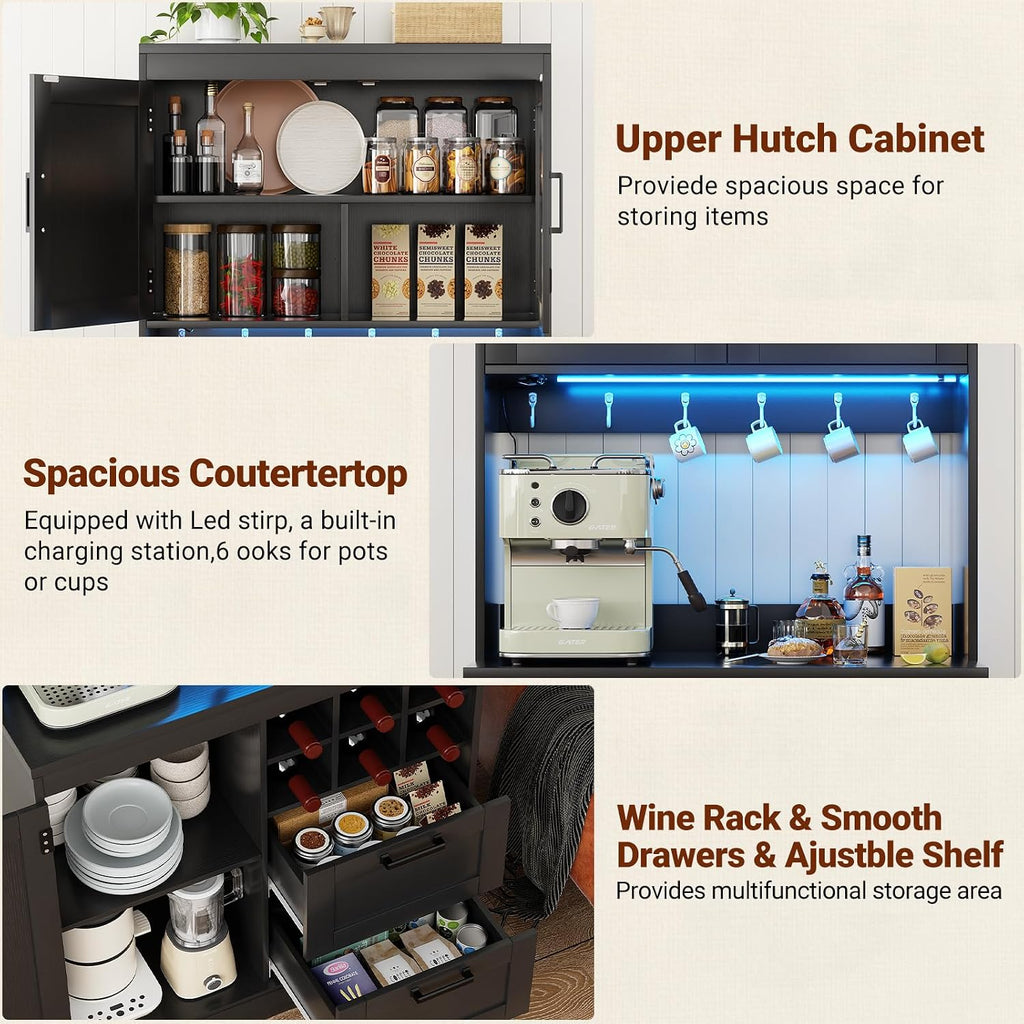 Unikito 72' Tall Pantry Cabinet, Kitchen Pantry Storage Cabinet with LED Light & Outlet, 63' Wide Kitchen Hutch Bar with Microwave Stand, Drawers, Wine Rack & Shelves, Cupboard for Dining Room, Black