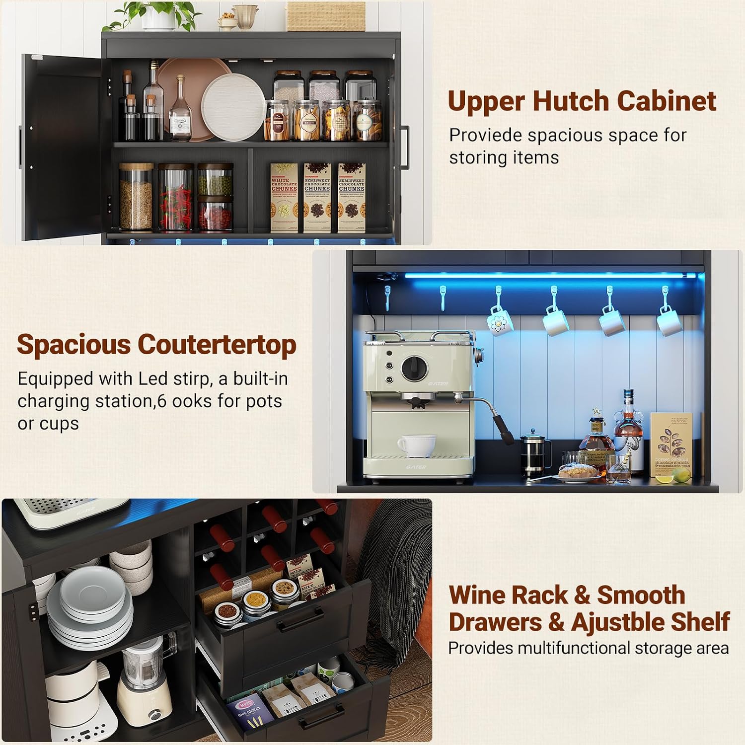 Unikito 72' Tall Pantry Cabinet, Kitchen Pantry Storage Cabinet with LED Light & Outlet, 63' Wide Kitchen Hutch Bar with Microwave Stand, Drawers, Wine Rack & Shelves, Cupboard for Dining Room, Black