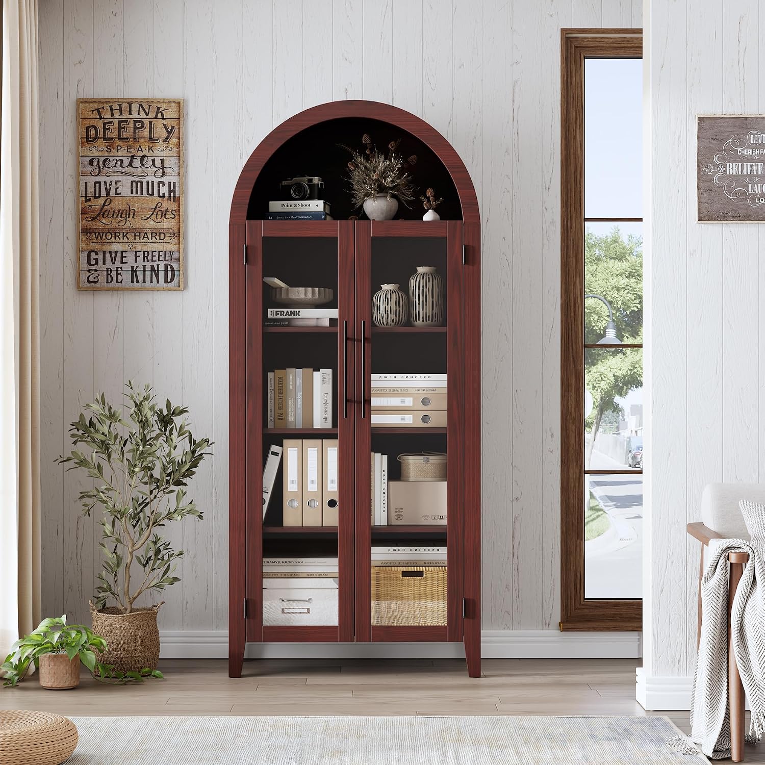 GarveeHome Arched Kitchen Pantry Cabinet - Farmhouse 5 Tier Display Shelf with Adjustable Shelf and 2 Large Glass Doors, Versatile Storage Cupboard for Kitchen, Dining Room, Living Room, Walnut